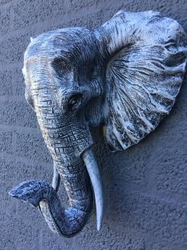 Mooie zwart-grijze olifantenkop wandornament, prachtig!!